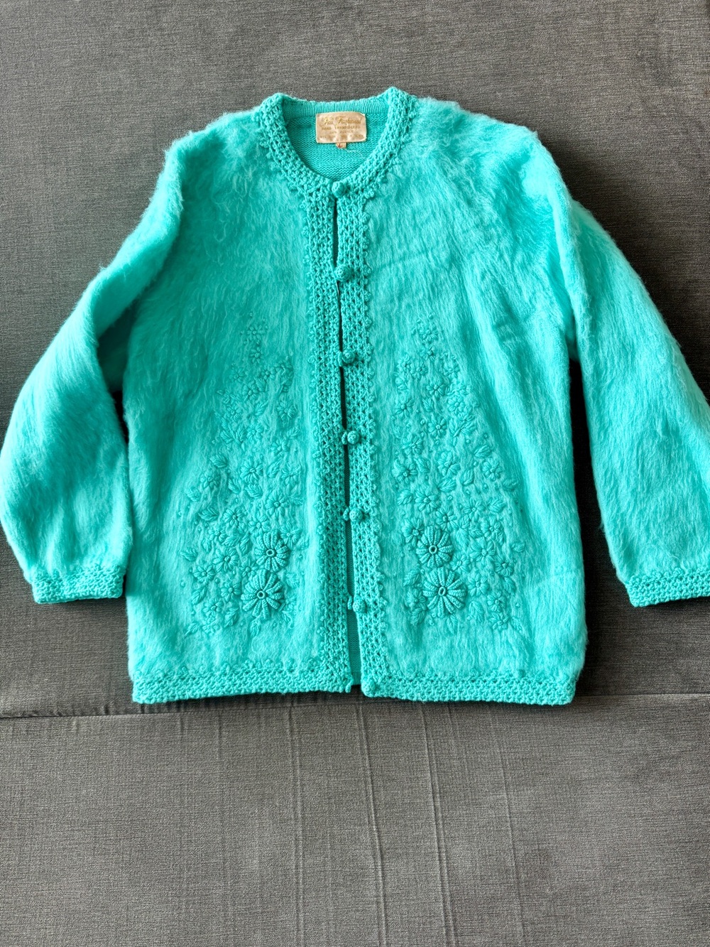 Grandmacore Women’s Vintage Hand Embroidered Cardigan Sweater Turquoise 1960s